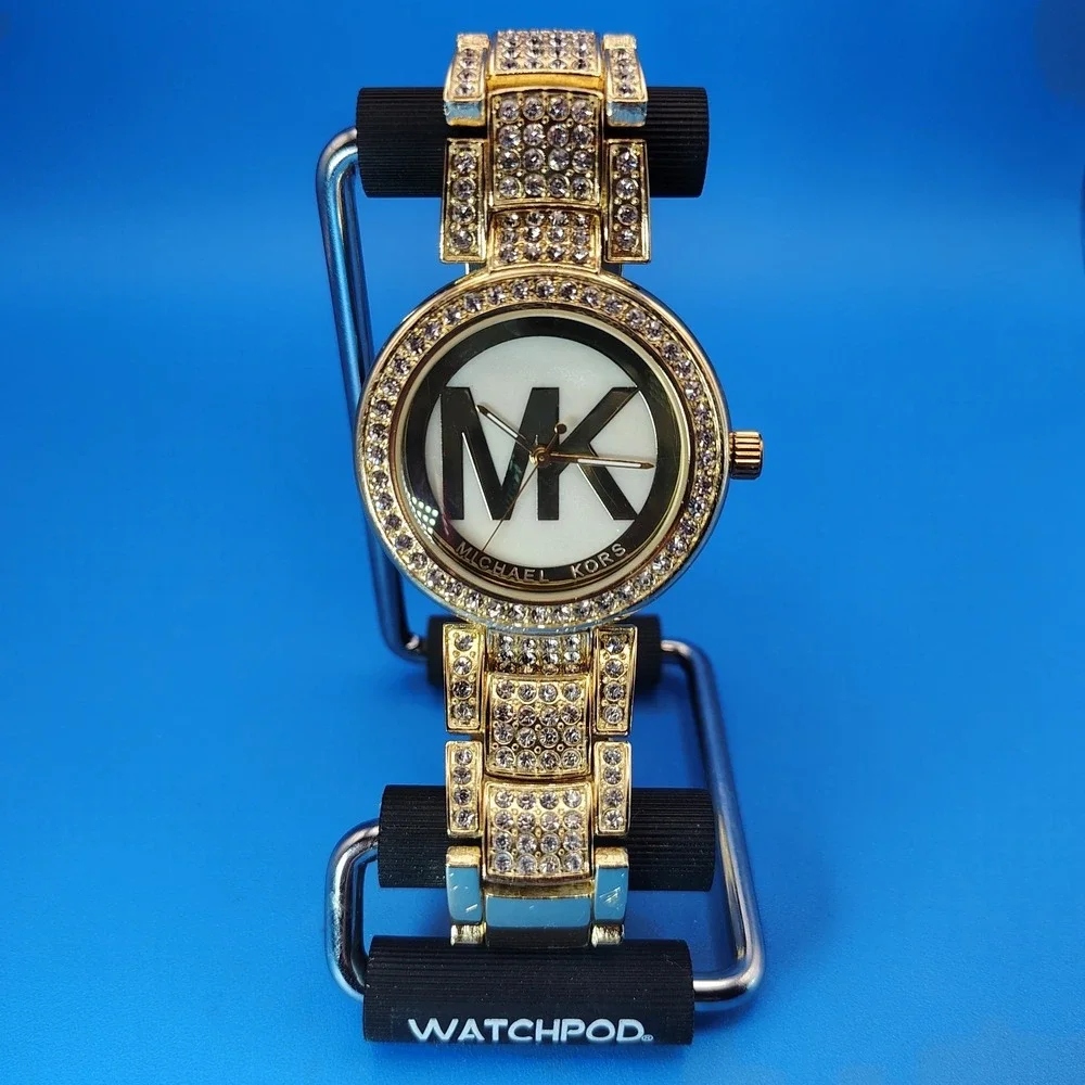 Vintage 2013 Michael Kors MK Logo Rhinestone Bust Down 35mm Women's Quartz Watch